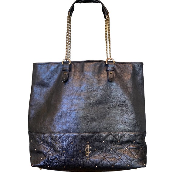 JUICY COUTURE Black Leather Hand Bag XL shopper - Chain Link Strap - Excellent! - Picture 2 of 11